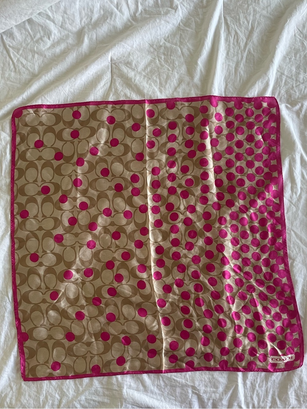 Vintage Y2K Coach Signature C Pink Polka Dotted Square Silk Scarf
